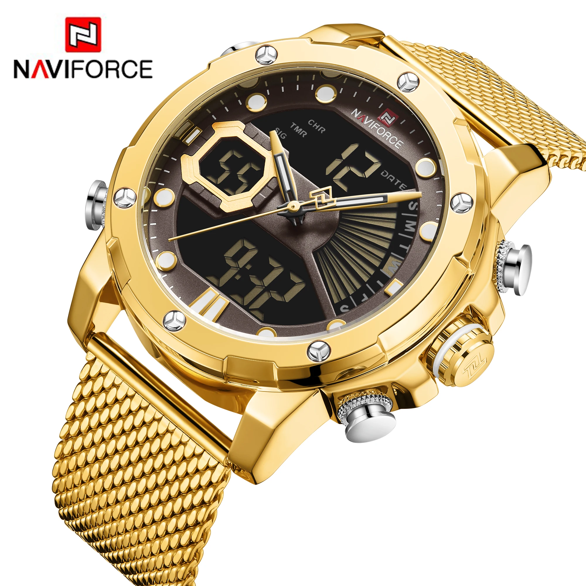 NAVIFORCE – montre-bracelet de sport militaire pour hommes, marque de luxe, double affichage, Quartz, maille acier, étanche