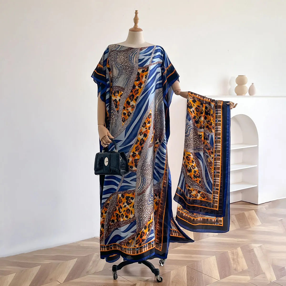 NEW Fashion Summer Dress With Big Scarf Dubai Turkey Kaftan Muslim Loose Abaya Women African Casual Leopard Print Shawl Robe