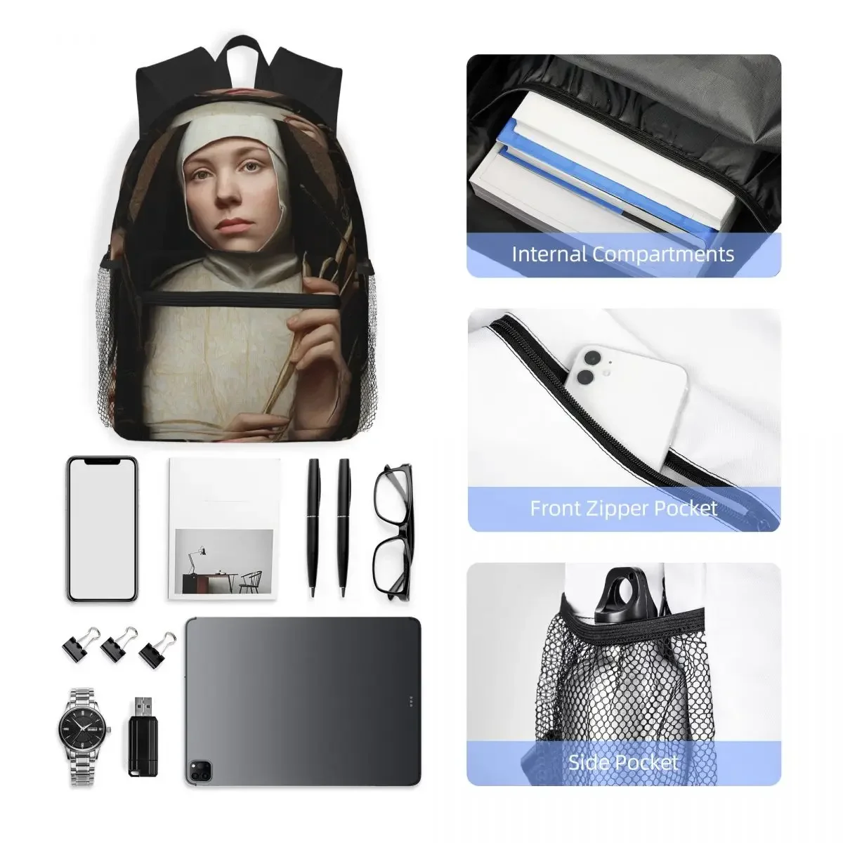 حقيبة ظهر Serene Nun Portrait Daypack ذات سعة كبيرة للأطفال حقيبة كتب مدرسية حقائب كتف للرجال والنساء #5