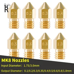 Bocal de bronze Mk8 para a impressora 3d, acessórios 0.1mm a 1.0mm para 1.75mm ou 3.0mm, cr10, cr10s, ender 3, cabeça da extrusora