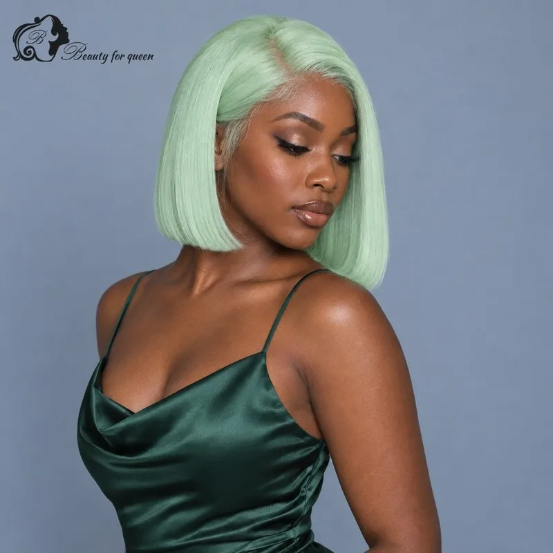 Vixen Mint Green Straight Lace Front Wig Bob Voluminous Ready To Wear Quality Shiny 180 Density Flawless Cuticle Glamorous