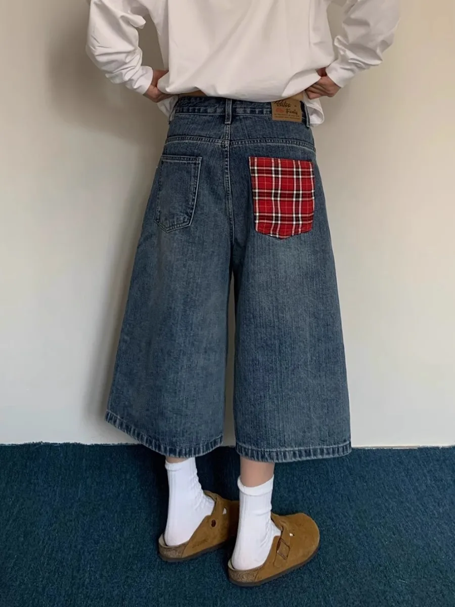 

American Retro Plaid Splicing Jeans orts Men Summer High Street Loose Slimming Casual Versatile Wide Leg Seven-Foot Pants