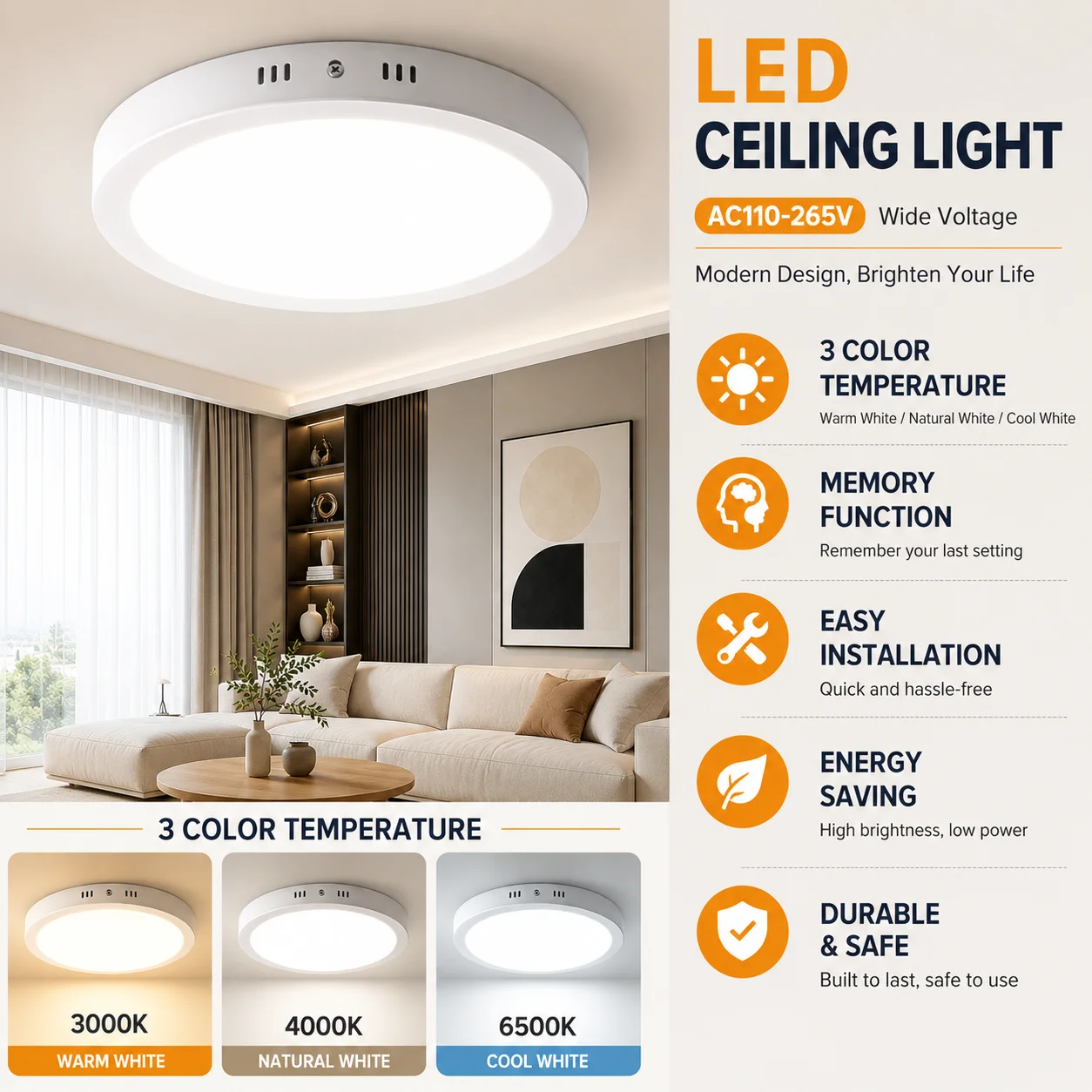 Memory Function Downlight Led  Ceiling Light 3 Colors Ultrathin Panel Light Indoor for Living Room Dining Corridor Ceiling Lamp