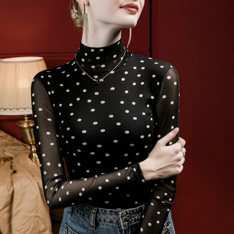 البولكا نقطة شبكة الياقة المدورة للنساء سليم صالح شير بلوزة ربيع الخريف طبقات تي شيرت مطبوعة المجهزة قاعدة طبقة #2