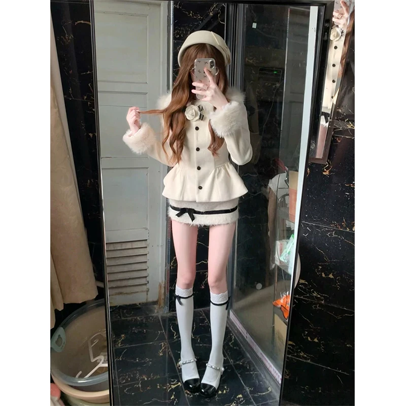2 Piece Set Women Outfit Cropped Faux Woolen Jacket Elegant Bow Mini Skirt Sweet Korean Faux Fur Patchwork Coat Winter Outfits