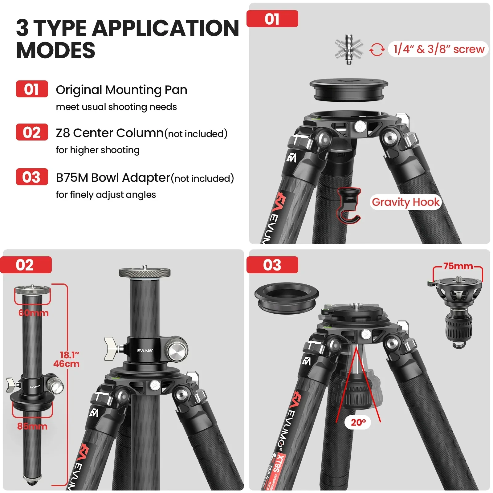 EVUMO XT9S Hunting Tripod for Camera Carbon Fiber Heavy Duty Tripod Professional Super Stable Birdwatching Camera Tripod Max40kg