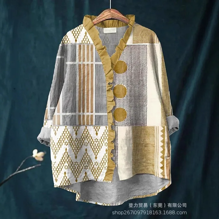Femmes chemises décontracté surchemise géométrique hauts à manches longues Blouses chemise régulière haut bureau dame basique élégant 2025 printemps automne