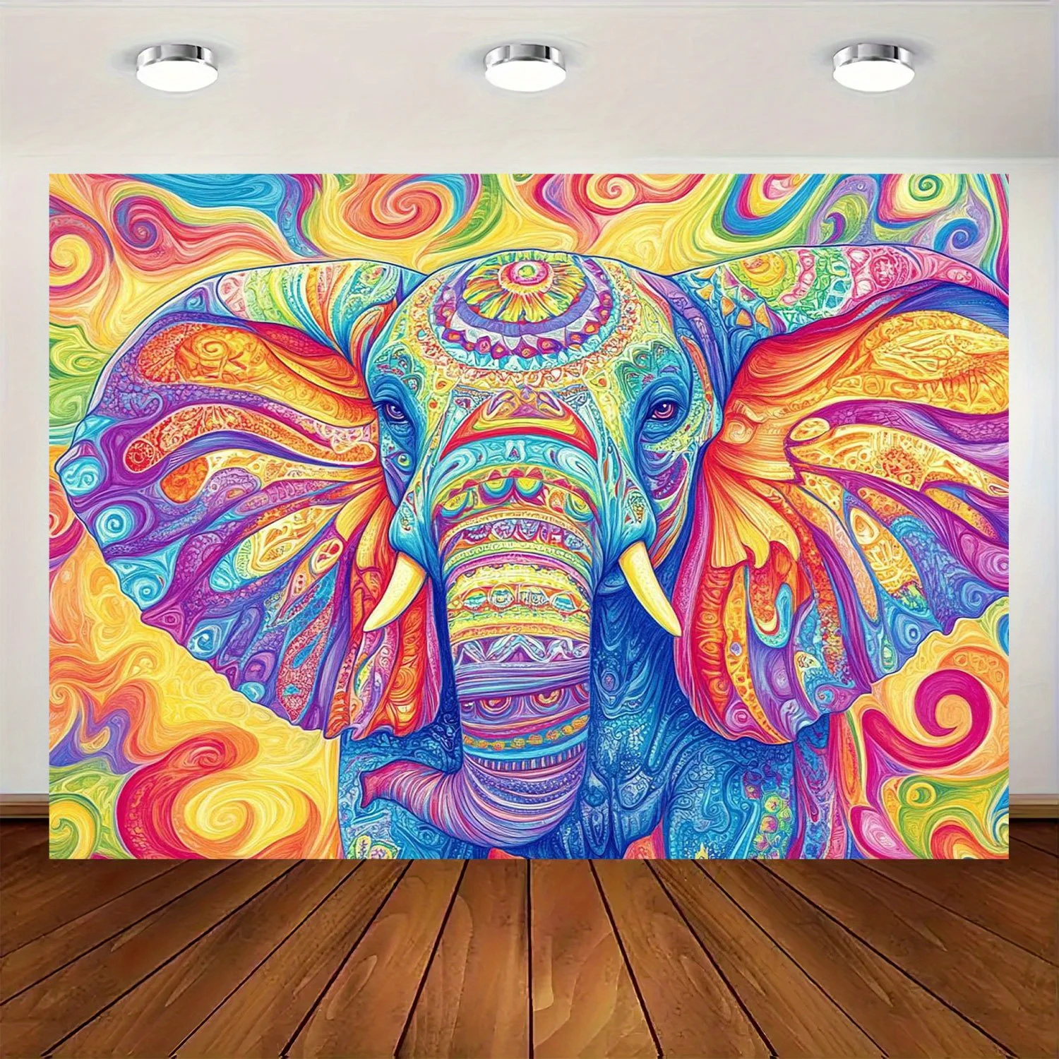 لافتة خلفية للحفلات الكرتونية على شكل فيل نابض بالحياة مثالية لعيد الميلاد مع اسهم زخرفية لأعياد الميلاد والعطلات