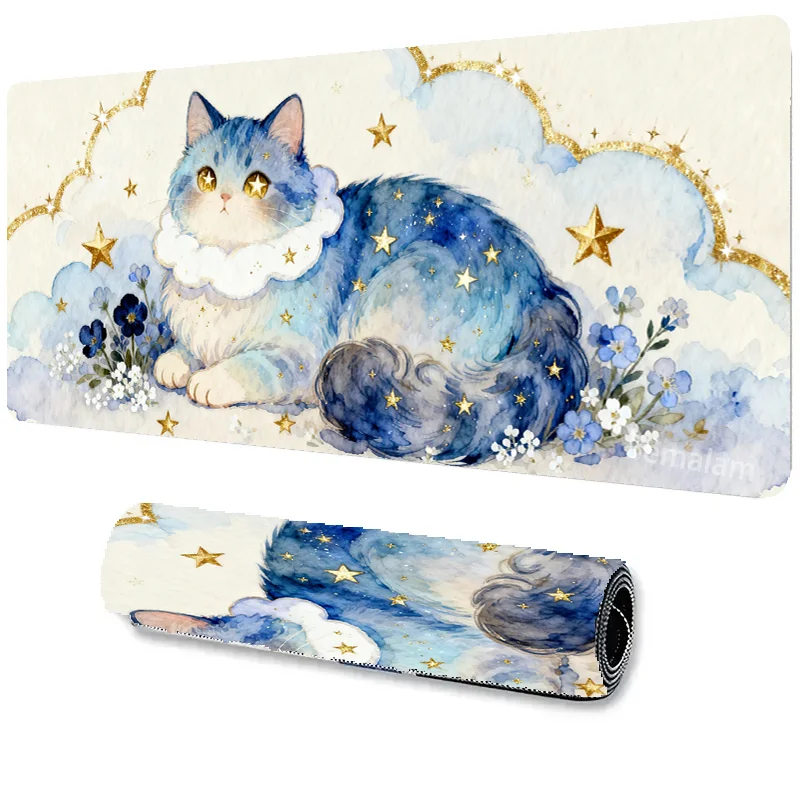 Watercolor Style Cat Mouse Pad Gold Foil Texture Art Gaming Desk Mat XXL Non-slip Rubber Base Washable PC Pads for Game & Office