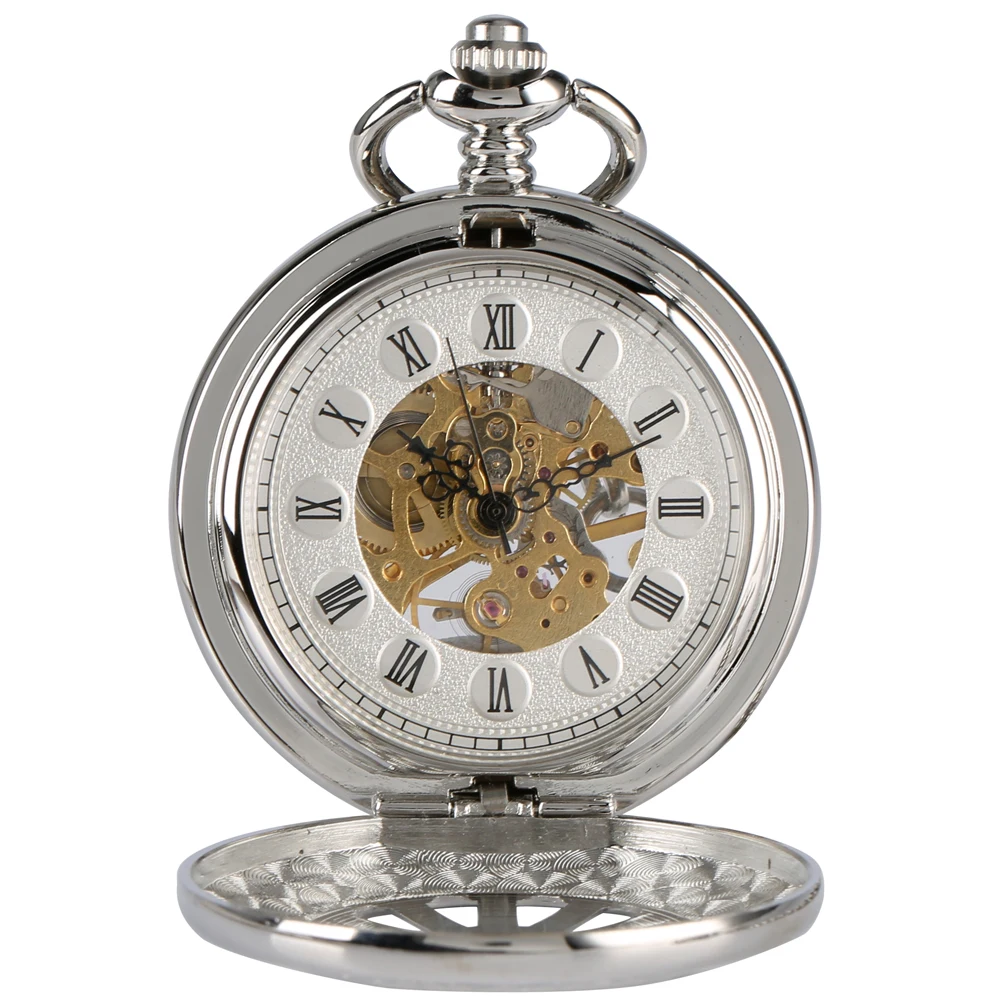 الأرقام الرومانية الهاتفي الجوف الفضة دليل ساعة الجيب الميكانيكية الرجعية Steampunk فوب سلسلة الميكانيكية اليد لف ساعة الجيب