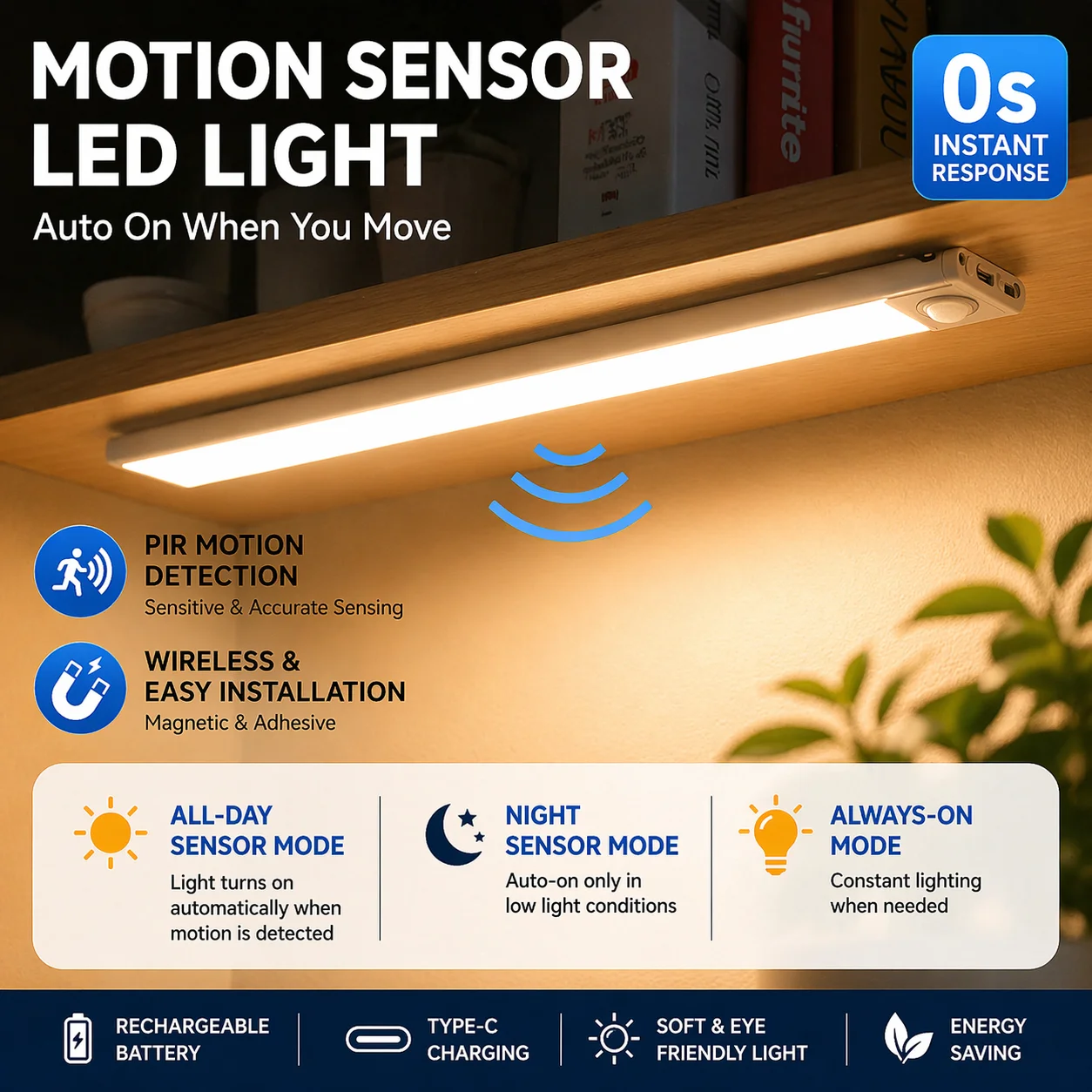 Ultra Thin LED Under Cabinet Light 10-30CM Magnetic Rechargeable Motion Sensor Lamp for Kitchen Closet Workshop