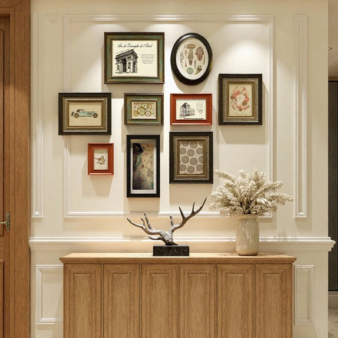 Solid Wood Combination Picture Photo Wall, American-Style Living Room Vintage Background Wall, European-Style Picture Frame Wall, Dining Room Wall Decoration Painting for Displaying Photos