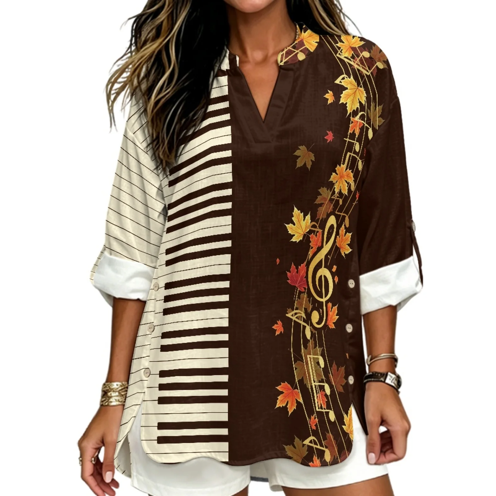 PENSTROLL Piano Maple Music Linen Like Long Sleeve Blouses Breathable Long Sleeve Tops for Women for Ladies Sizes S-5XL
