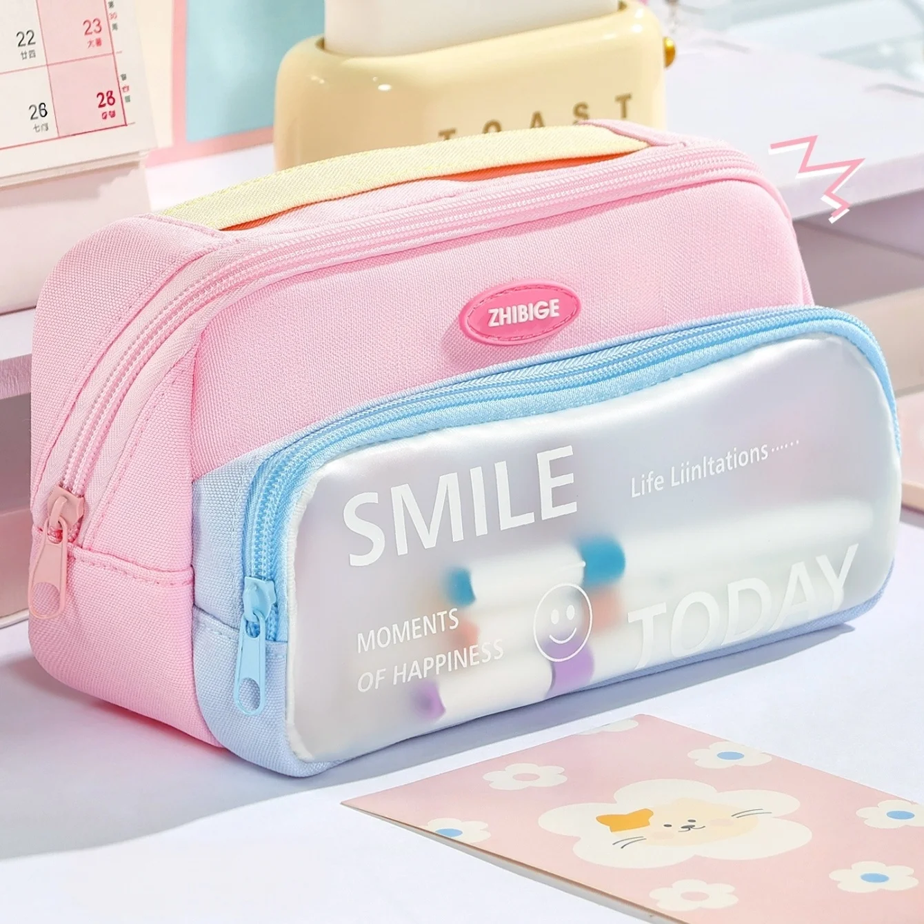 Large Capacity Macaron Color Pencil Bag Pen Case Frosted Visible Front Pocket Multi-Layer with Handle Stationery Storage A3512