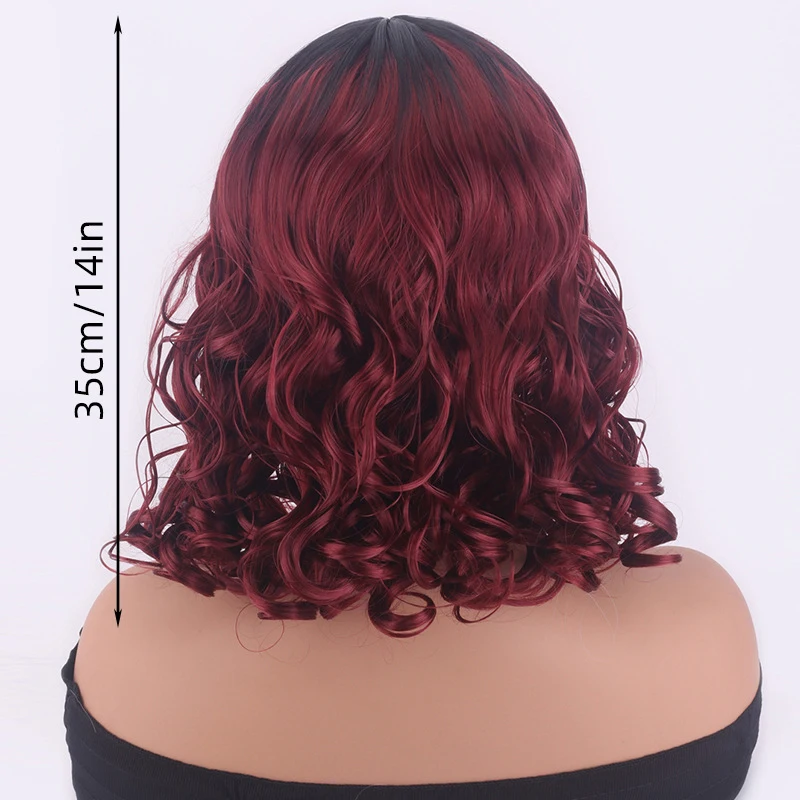 European and American fashion burgundy gradient wig, African small curls, natural synthetic fiber headpiece, middle-parted short