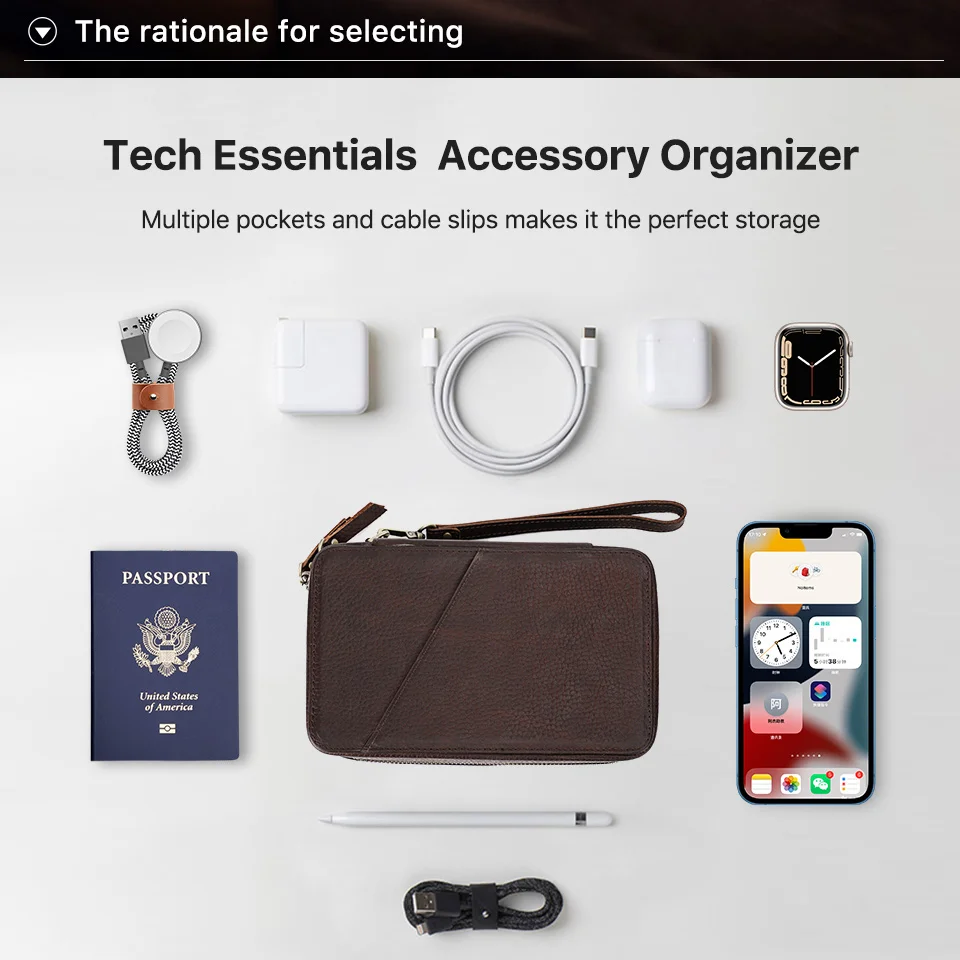 Echtes Leder Tragbare USB Daten Kabel Lagerung Tasche Kopfhörer Fall Elektronische Zubehör Gadgets Digital Organizer Box Beutel – Detail 8