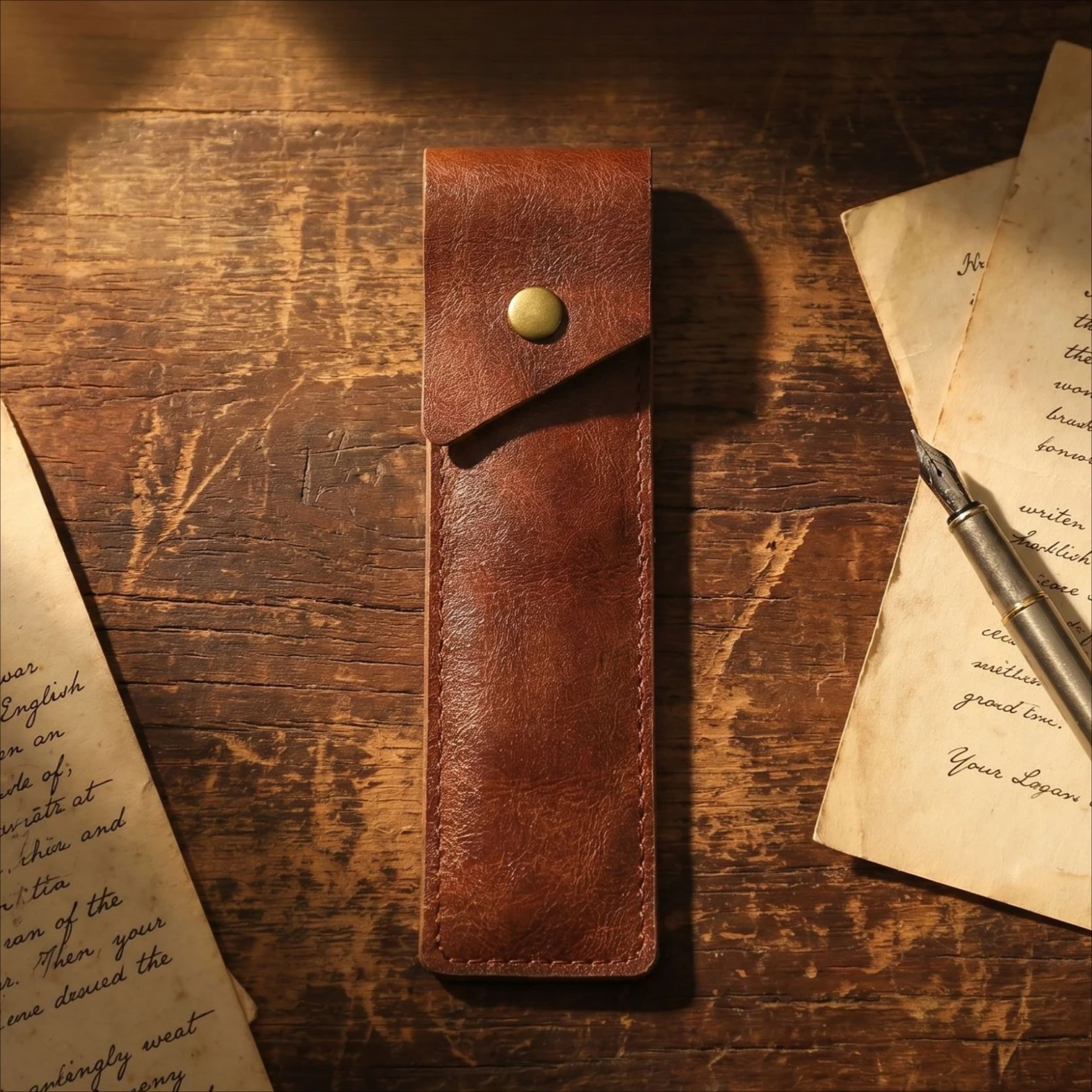 Vintage Soft PU Leather Pen Case With Metal Snap Button, Dual Signature‑pen pouch Portable Stationery Storage Pens Holder