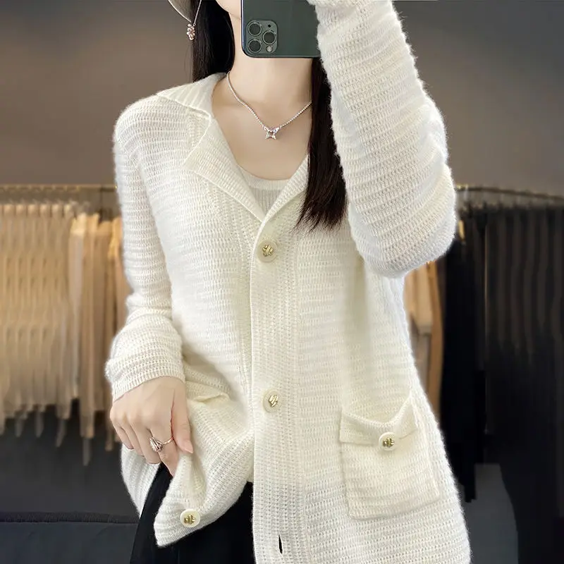 2024 Autumn Winter Woolen Knitted Solid Pullovers Elegant Bodycon Cardigan Sweaters Female Korean Vintage Luxury Coat Clothing