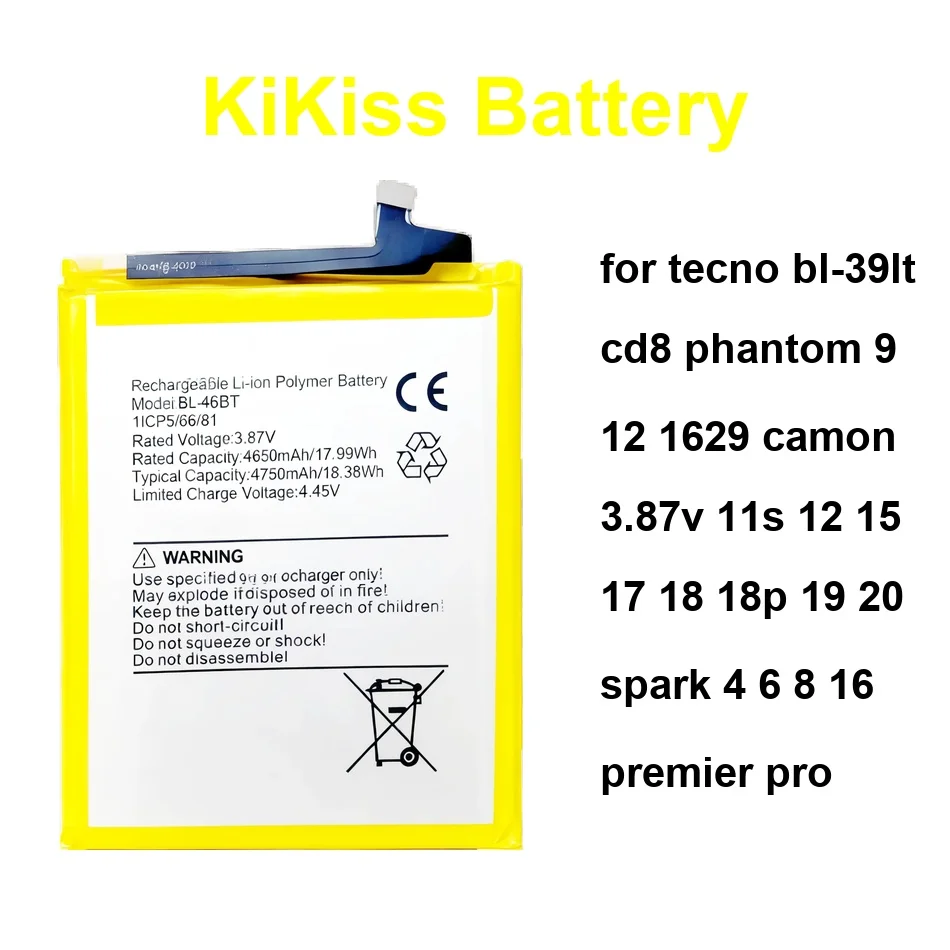 

Аккумулятор BL-34CT BL-34DT для Tecno BL-39LT CD8 Phantom 9 12 1629 Camon 3,87 В 11S 15 17 18 18P 19 20 Spark 4 6 8 16 Premier Pro