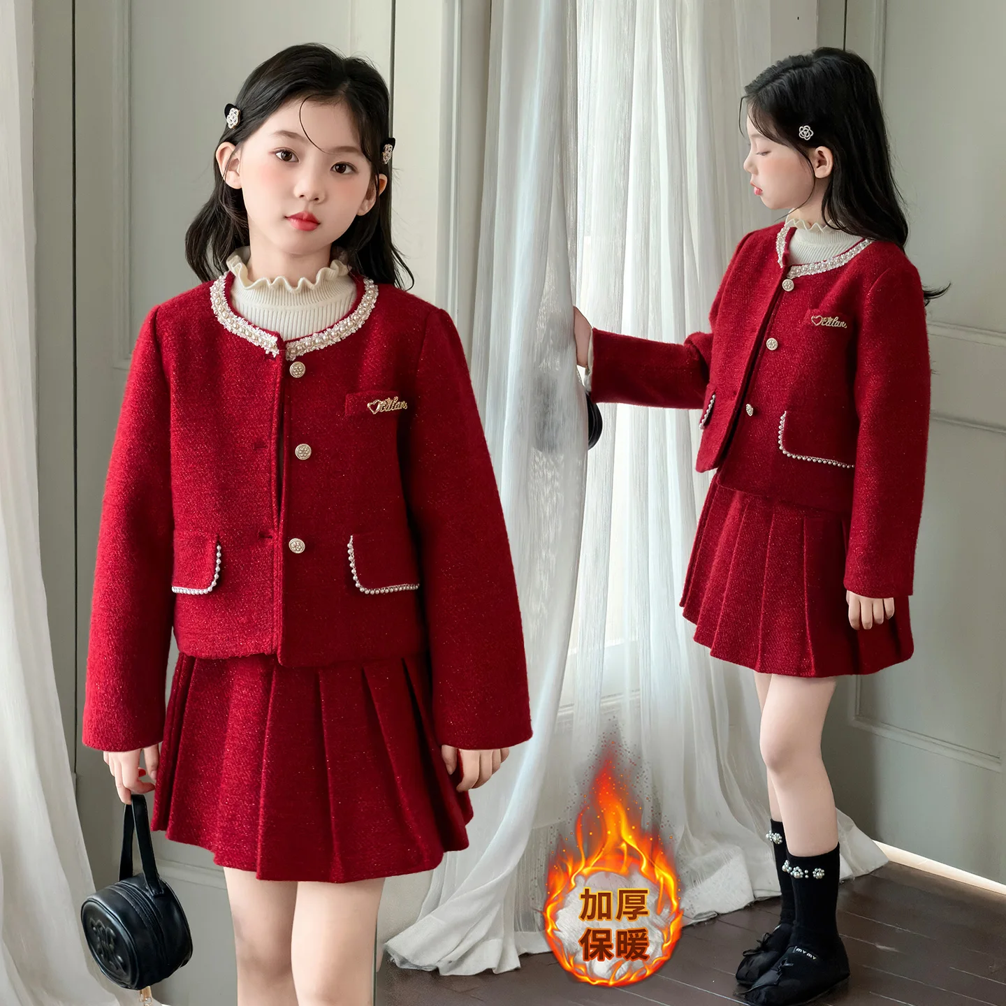 French Chic 4-8-10-12 Teen Girls Skirts Clothes Set 3D Bow Thicken Cotton Coat+pleated Skirt 2pcs Junior Kids Suit Child Outfits