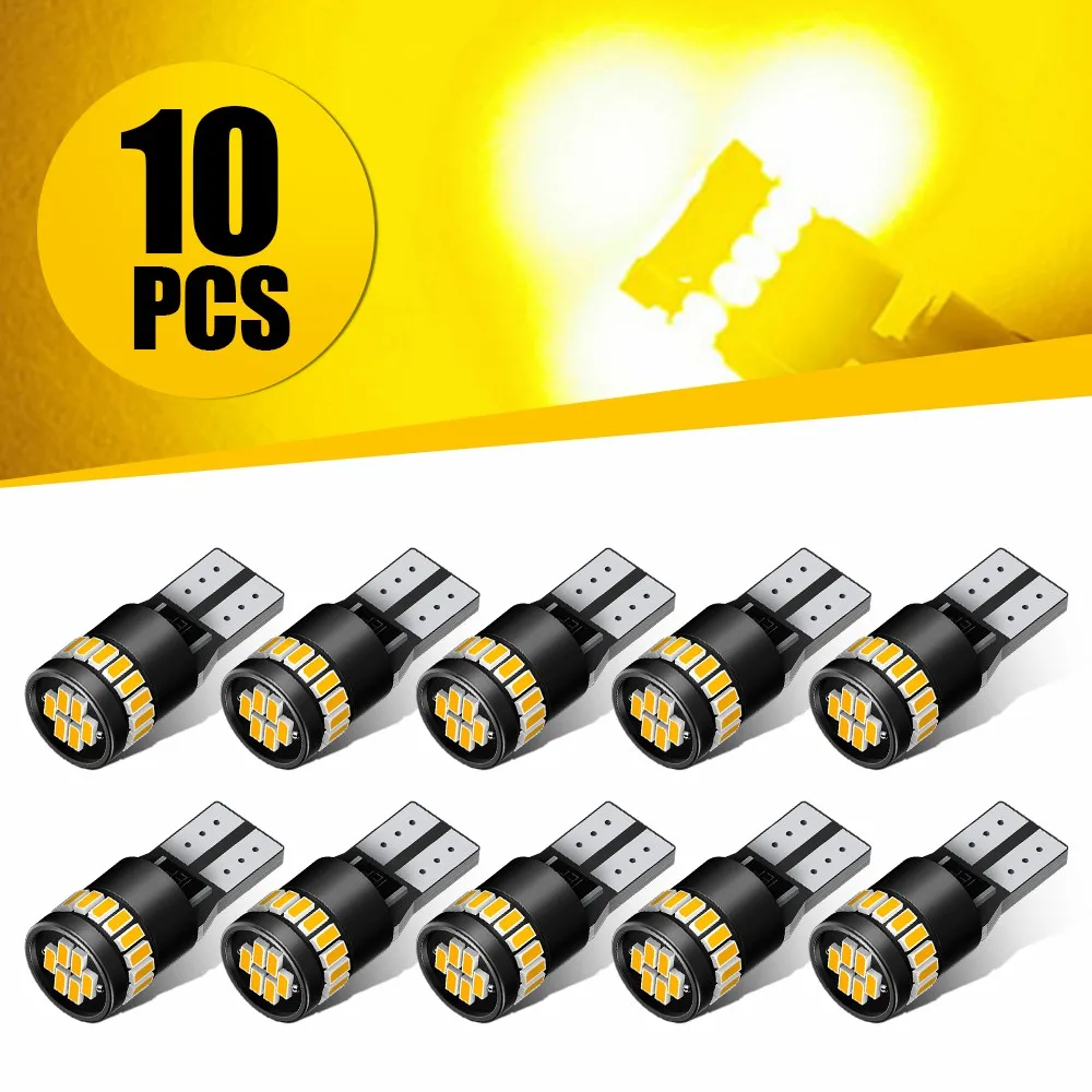 10/2 AUXITO 24H T10 W5W LED Yellow Canbus Clearance Position License Plate Interior Lamp For Toyota Kia Hyundai Ford VW BMW AUDI