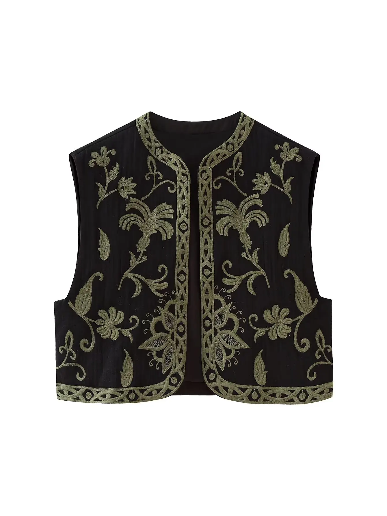 New Women Vintage O Neck Flower Embroidery Short Vest Jacket Ladies Sleeveless Casual Cardigan WaistCoat Crop Tops CT5359