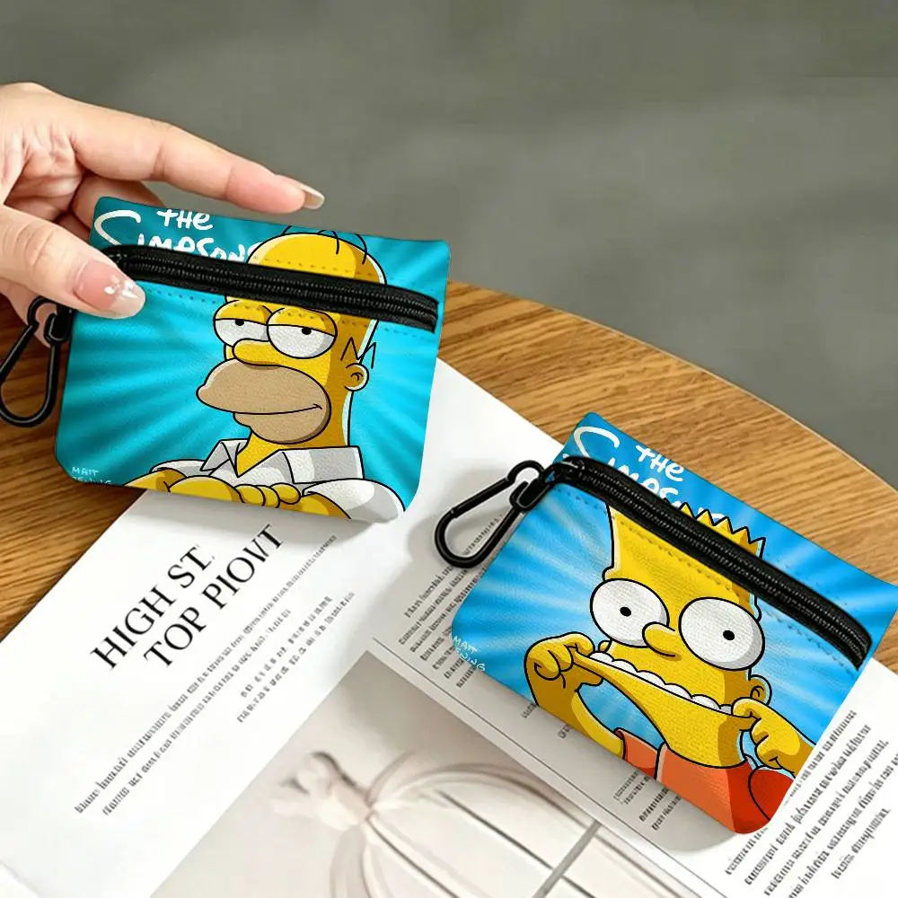 Amine S-Simpsons Classic Movie  Oxford Cloth Coin Purse With Carabiner Hook Portable Key Card Wallet Small Zipper Storage Pouch