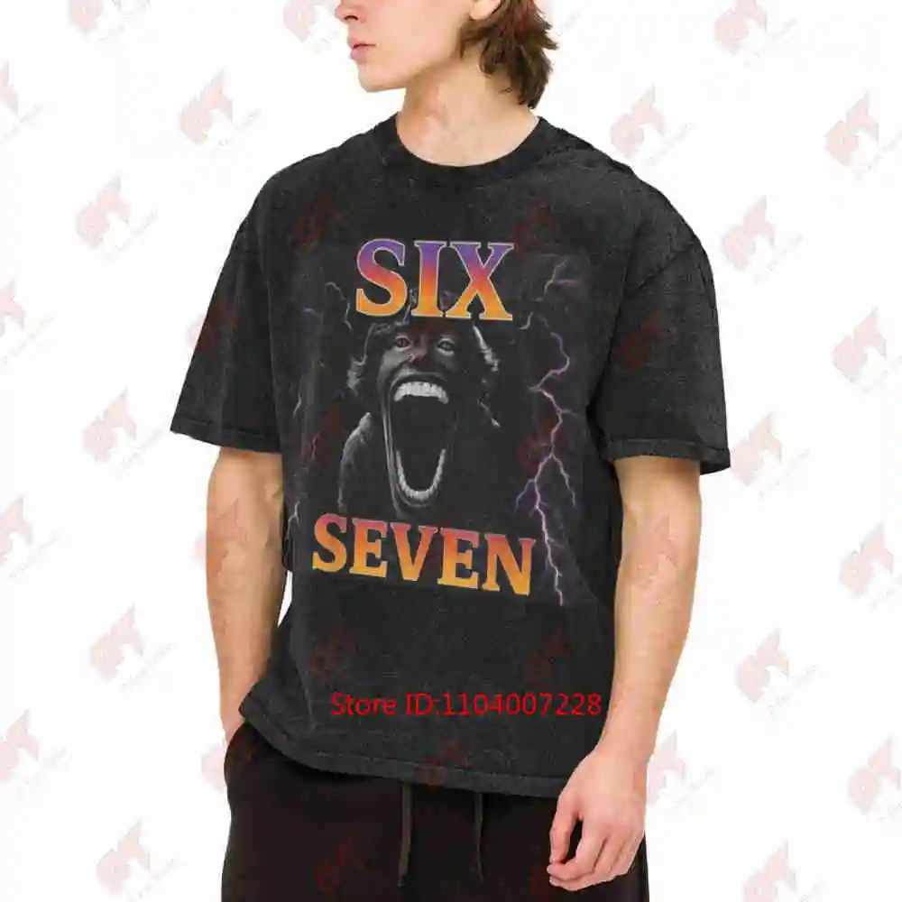 Six Seven Meme 6 7 Number Joke Lightning Bolt Vintage Washed Tee Pure Cotton T-Shirt