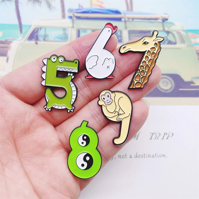 Creative Mathematics Digital Animal Enamel Pins Sun Cloud Crocodile Giraffe Goose Monkey Alloy Brooch Badge Sweet Jewelry Gift