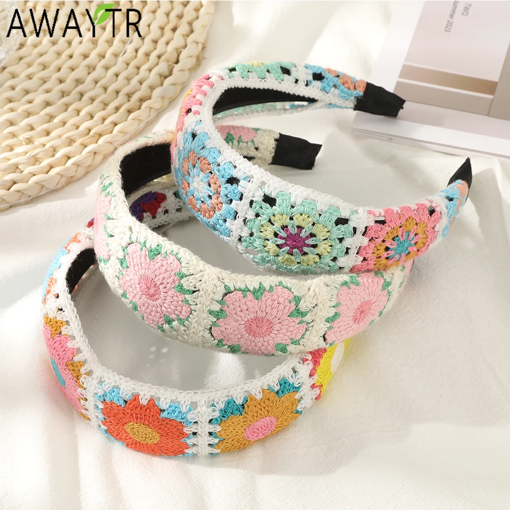 AWAYTR Patchwork Knitted Flowers Headbands Floral Wide Headband Farbic Hair Accessories For Women Trends