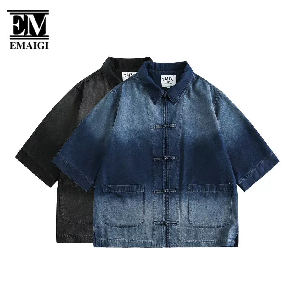 

Chinese Fashion Jeans Shirts Men Streetwear Vintage Fashion Loose Casual Short Sleeve Cargo Denim Shirts Women Oversized Blouses