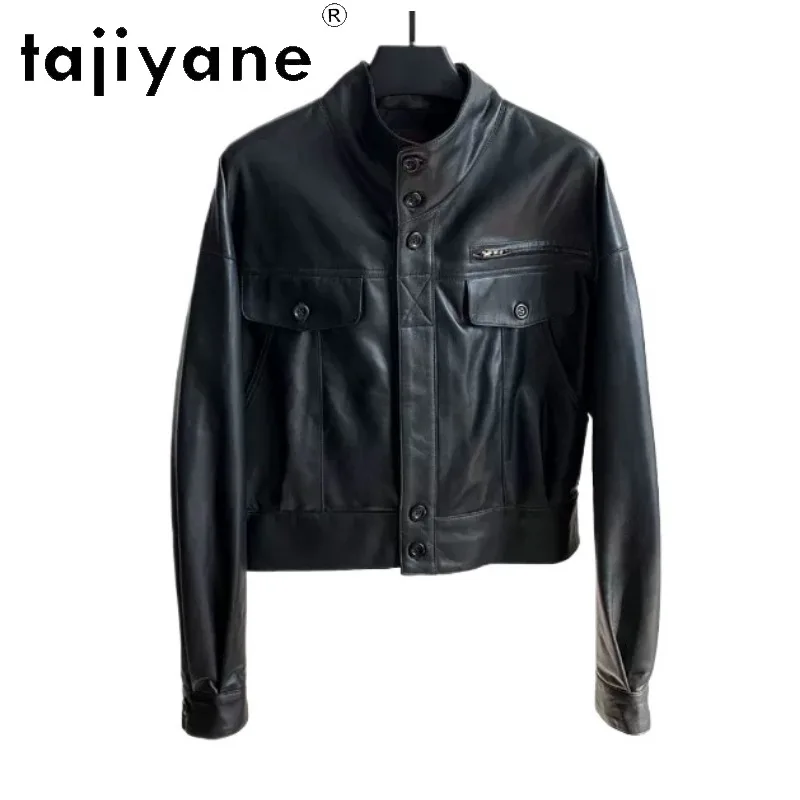 

TAJIYANE Real Leather Jacket Woman Sheepskin Short Motorcycle Jackets for Woman Slim-fit Leather Coat Stand Collar Jaqueta Black