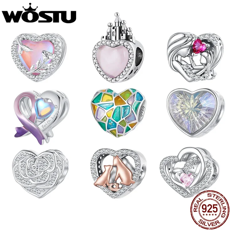 WOSTU 925 Sterling Sivler Mulit Color Heart Charms Family Zircon Bead Fit DIY Bracelet Necklace Jewelry For Mom Lover Daughter