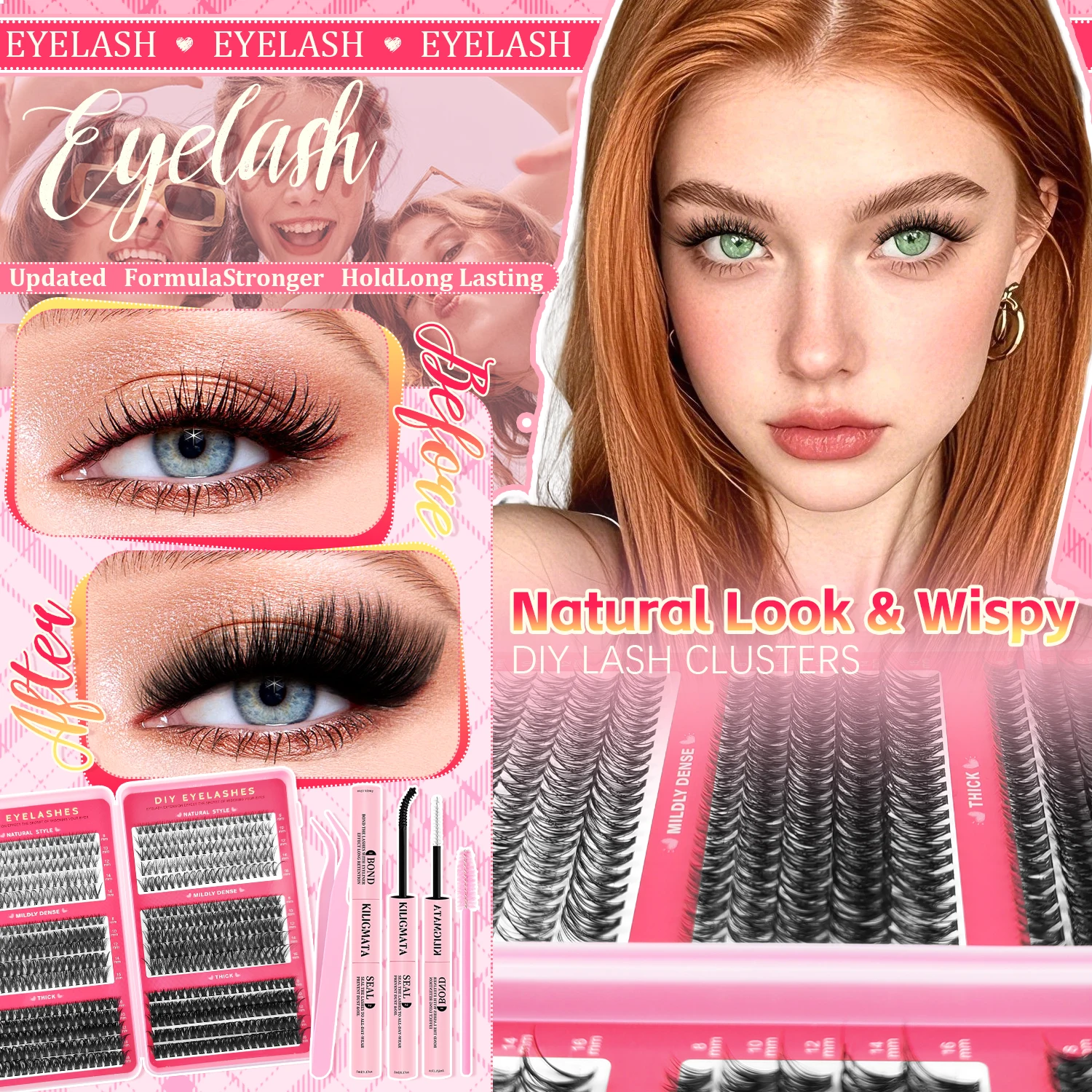 DIY Lash Extension Kit, 30D/50D/80D Individual Cluster Lashes with 48H+ Lash Bond & Seal, Wispy Faux Mink False Eyelashes