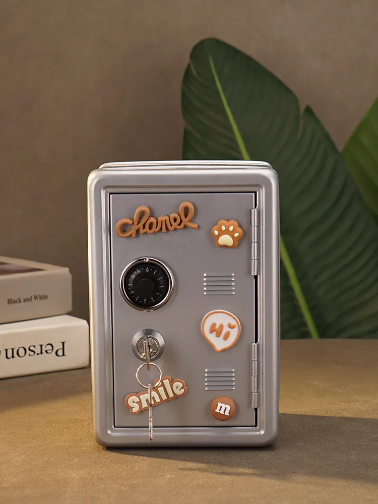 Industrial-style handmade metal piggy bank with secure password lock for kids small storage box ideal for bedroom use compact du