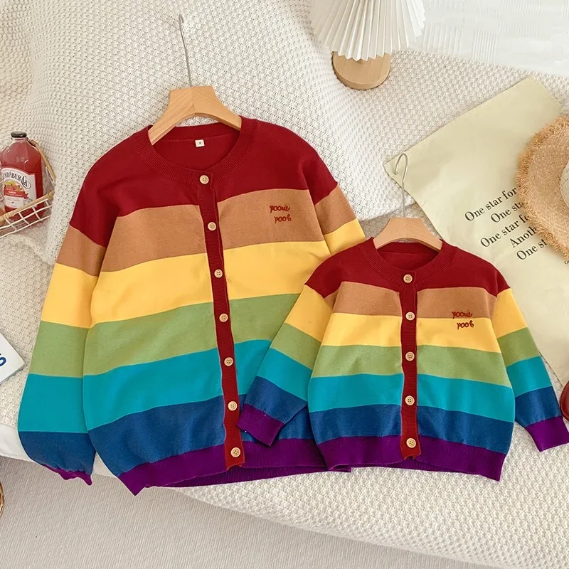 Family Matching Sweater Outfits Rainbow Striped Knitwear Mother Dad Lovers Cardigan Top Children Pullover Outfits Clothing