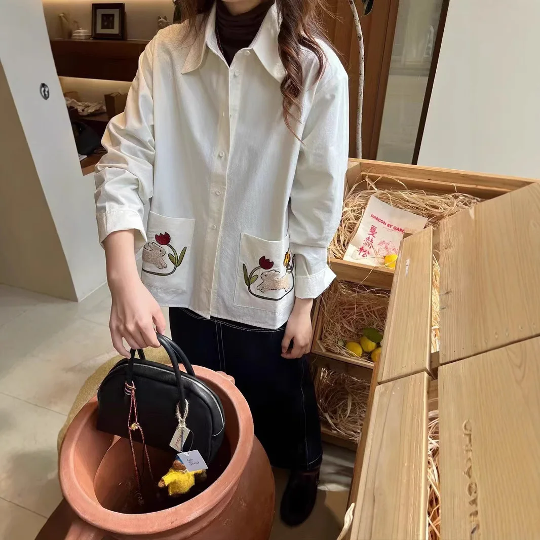 

Casual Loose Long Sve irt Rabbit ket Embroidery Button up Top for Autumn Winter Women's Faion Comfortable Cotton Bl...