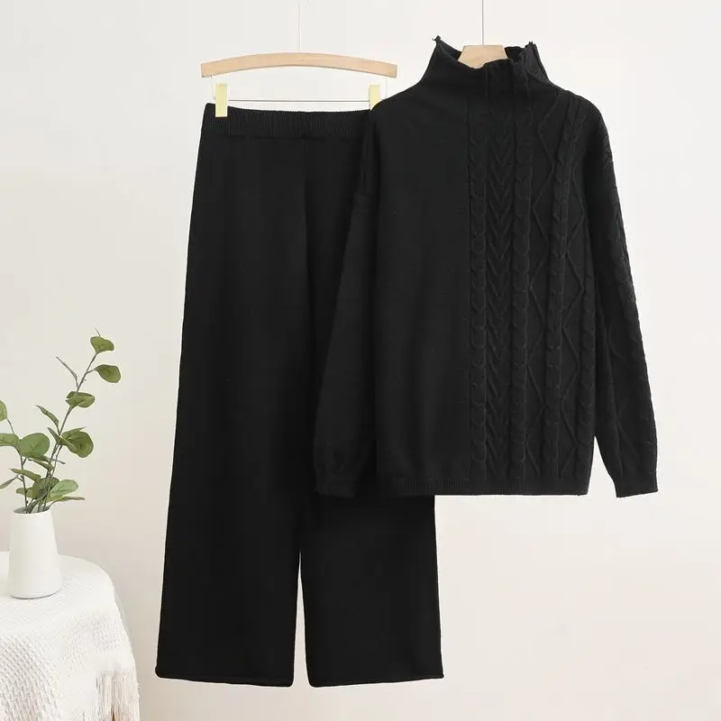 Winter Knitted Two Piece Sets For Women Outfits Korean Casual Retro Knitted Pullover Sweater+wide Leg Pants Sets 2024 Clothing