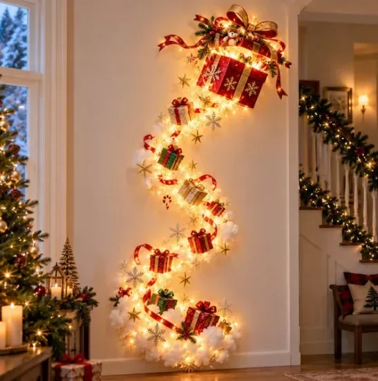 Weihnachtliche Magische Wandbeleuchtung - LED Leuchtende Weihnachtsszene Wanddekoration, Weihnachtsmann-Schlitten Rentier Hängedekoration für Partys – Detail 8