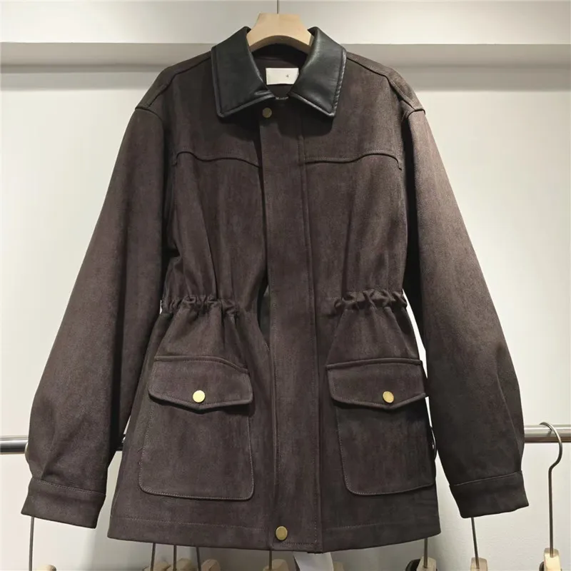 Mid Length Coats Women Coat Turn Down Collar Y2k Streetwear Jackets Work Drawstring Elegant Splice Jacket 2025 Autumn Winter