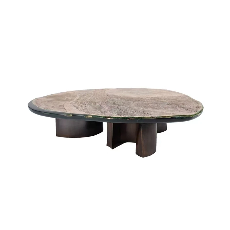 Modern simple natural dark green brass special-shaped coffee table designer living room household sofa transparent resin
