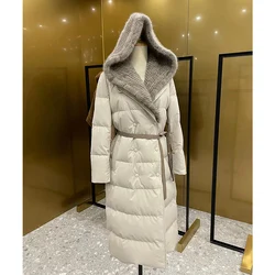 2023 Winter Women Long Coats Filling White Goose Down With Natural Real Mink Fur Collar Luxury Thick Warm Hooded Fashion Jacket