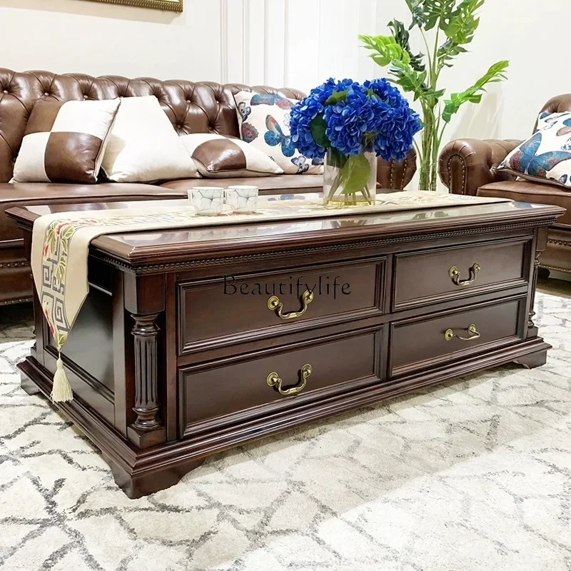 American country solid wood coffee table living room eight drawers storage large apartment high-end furniture