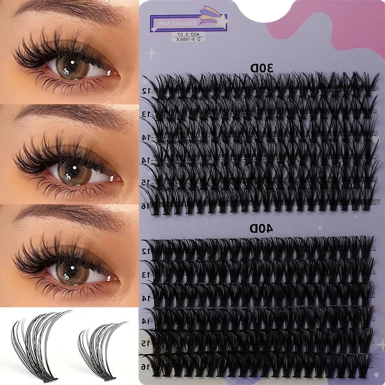 30/40D Dual Density D Curl Cluster Lashes 12-16mm Mixed Length Soft Natural Individual Eyelashes Easy DIY At Home Graft