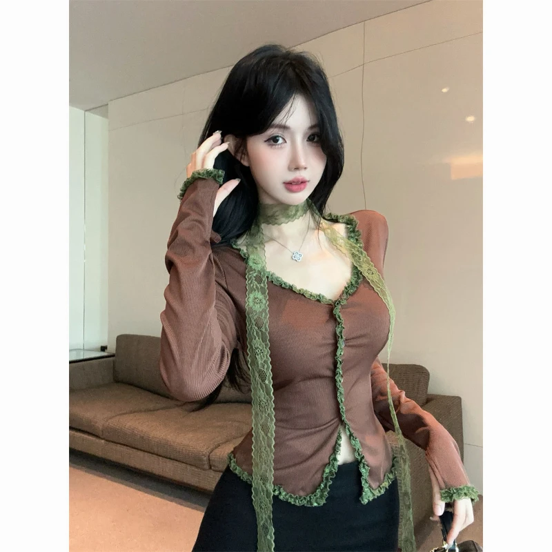 Retro Girlish Lace Patchwork V-neck Base Shirt for Women's Maillard Outfit Hanging Neck and Flowing Ribbon Slim Fit Top