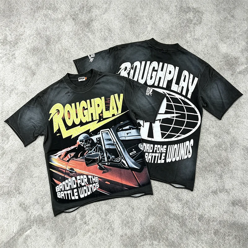 2026 New Rough Play Men Women Casual Oversized Tee Rhinestone Lightning Skeleton Sports Car Print Destroyed Hem T Shirt