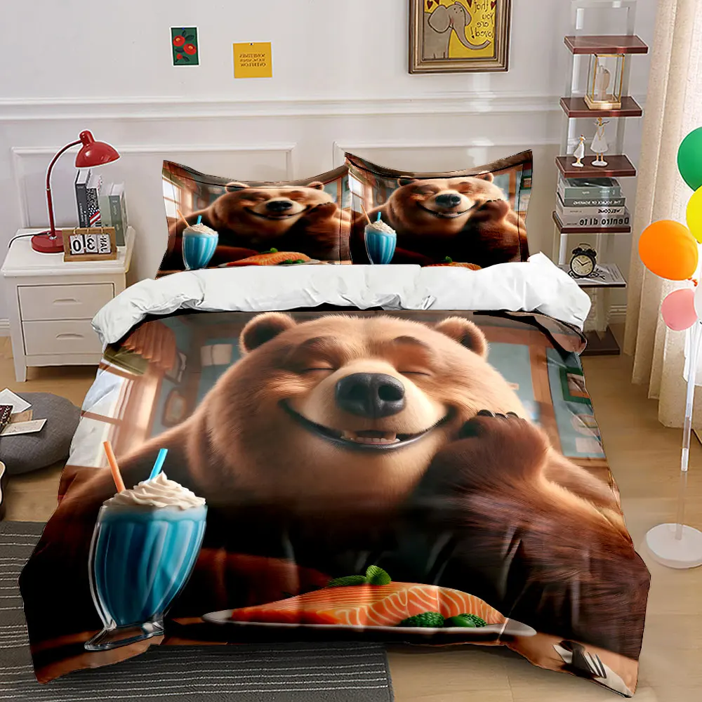 

Smiling bear with salmon milkshake Print Soft Comfortable Duvet Cover Bedding Set Included 1*Duvet Cover 2*Pillowcases