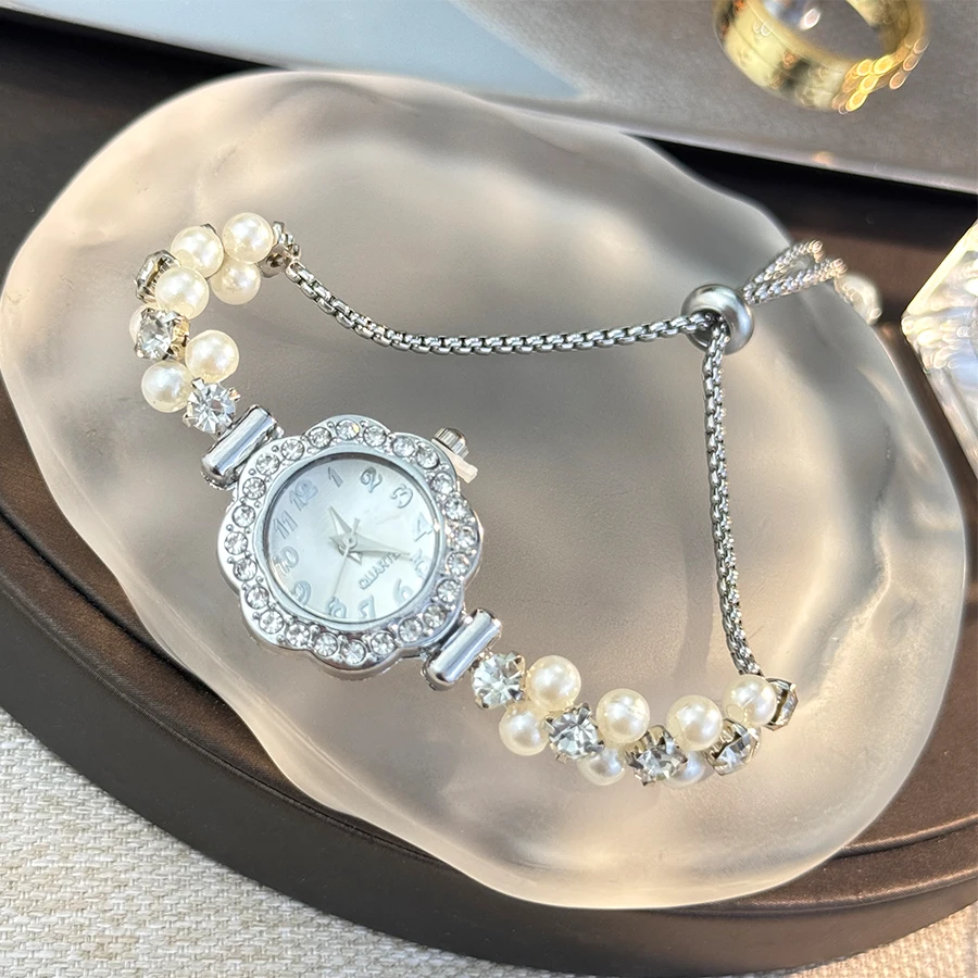 Double-Row Pearl Pull-Open Bracelet Diamond-Encrusted Case Arabic Numeral Scale Ladies Quartz Watch