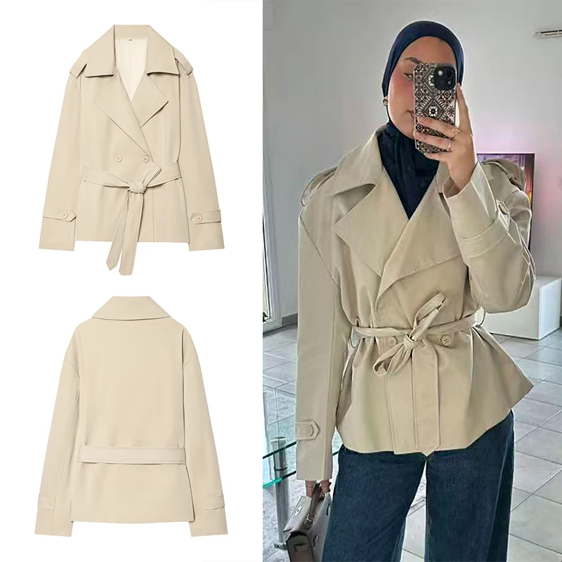 Guobioziy 2026 Autumn Fashion Women's Lace-Up Trench Coat Multi-Color with Turn-Down Collar and Pocket Short-Length Trench Coat