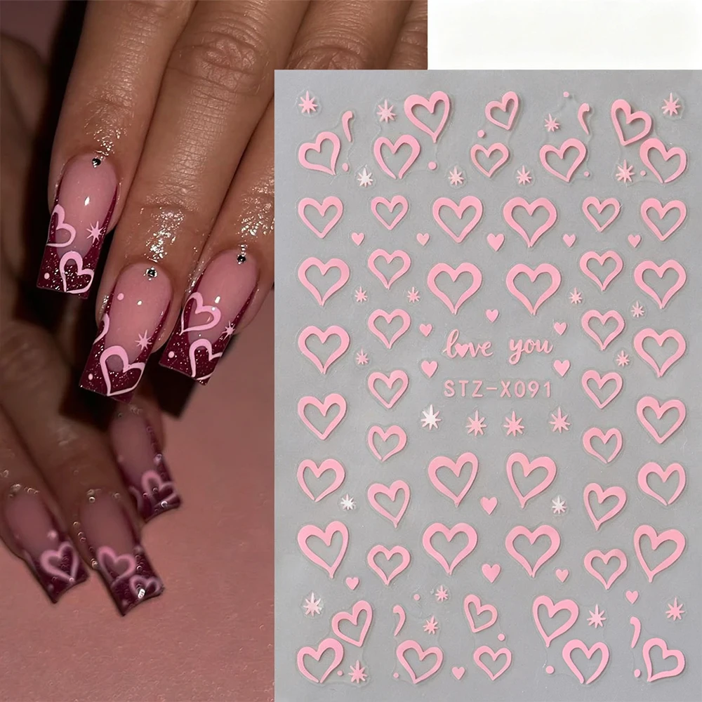 Pegatina 3D para uñas del Día de San Valentín con corazón rosa, línea francesa blanca y rosa, diseño de amor, calcomanías deslizantes para uñas, pegatina artística para manicura dulce Deco